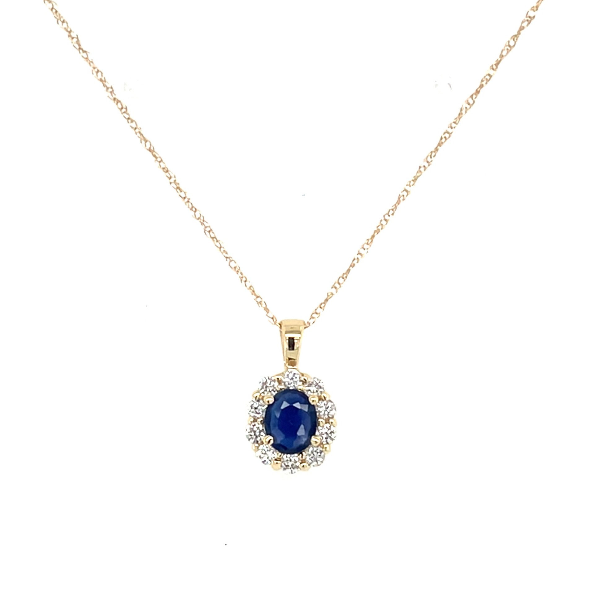 Yellow Gold Oval Sapphire Necklace with Diamond Halo