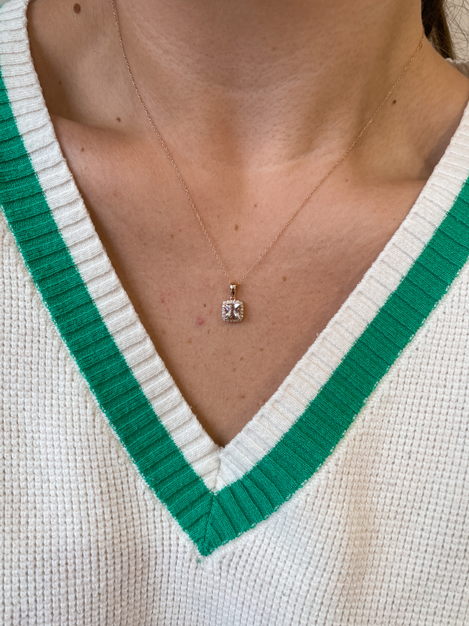 Rose Gold Morganite Necklace with Diamond Halo