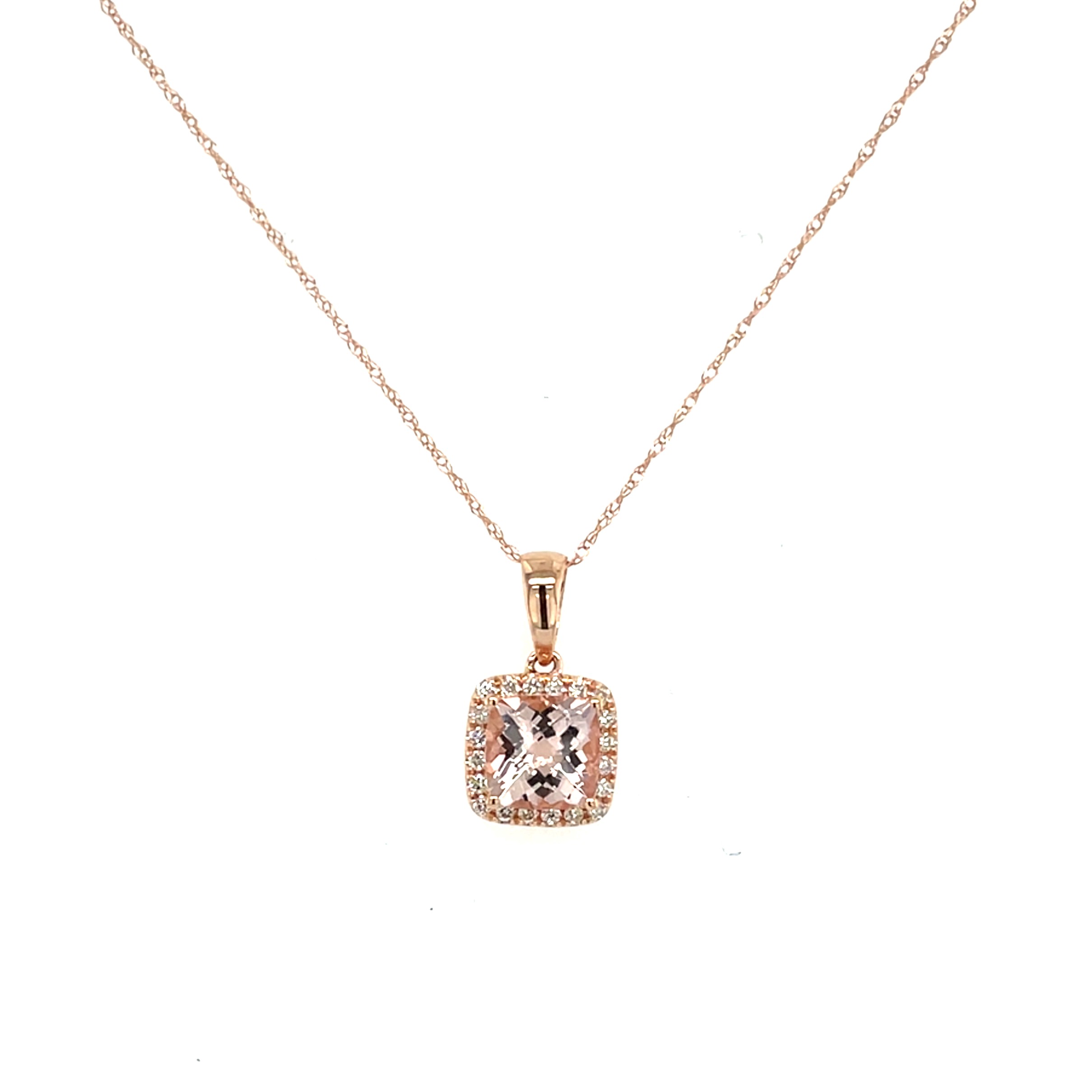 Rose Gold Morganite Necklace with Diamond Halo