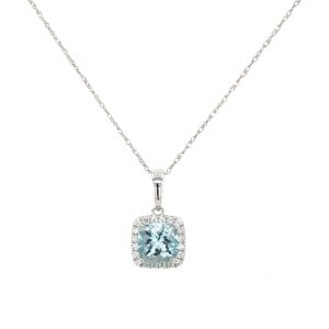 White Gold Aquamarine Necklace with Diamond Halo