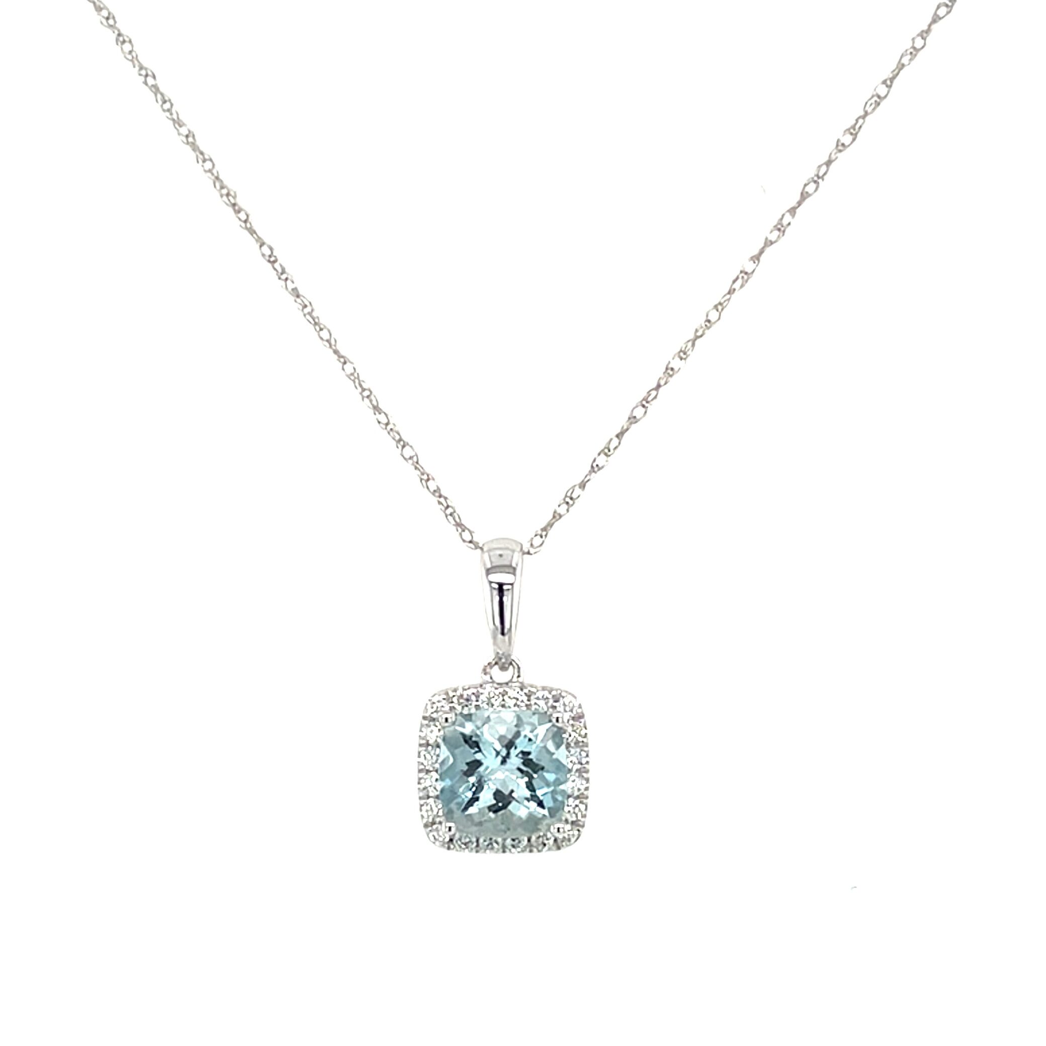 White Gold Aquamarine Necklace with Diamond Halo