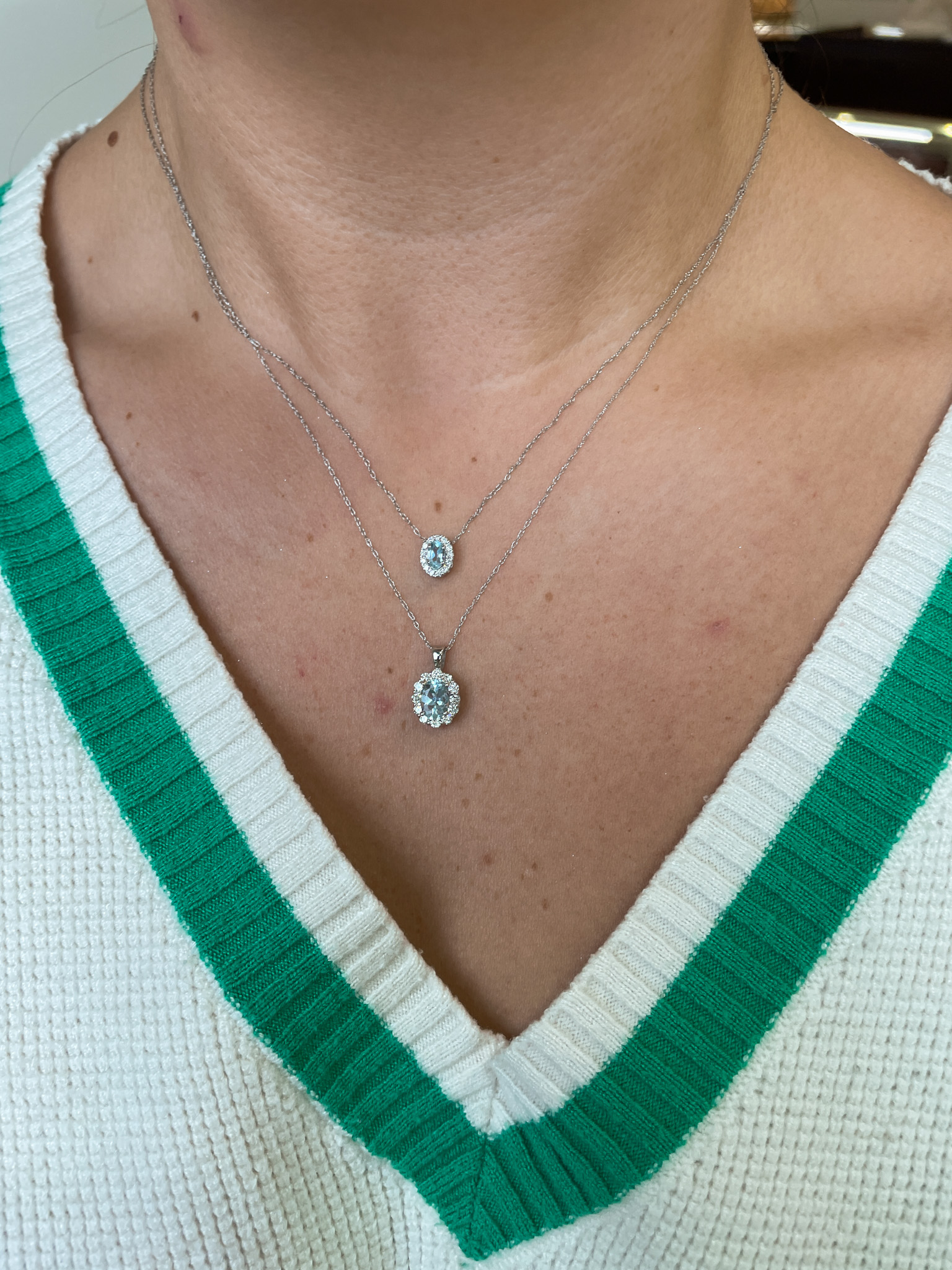 White Gold Aquamarine Necklace with Diamond Halo