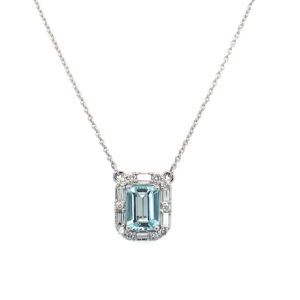 White Gold Emerald-Cut Aquamarine Necklace with Diamond Halo