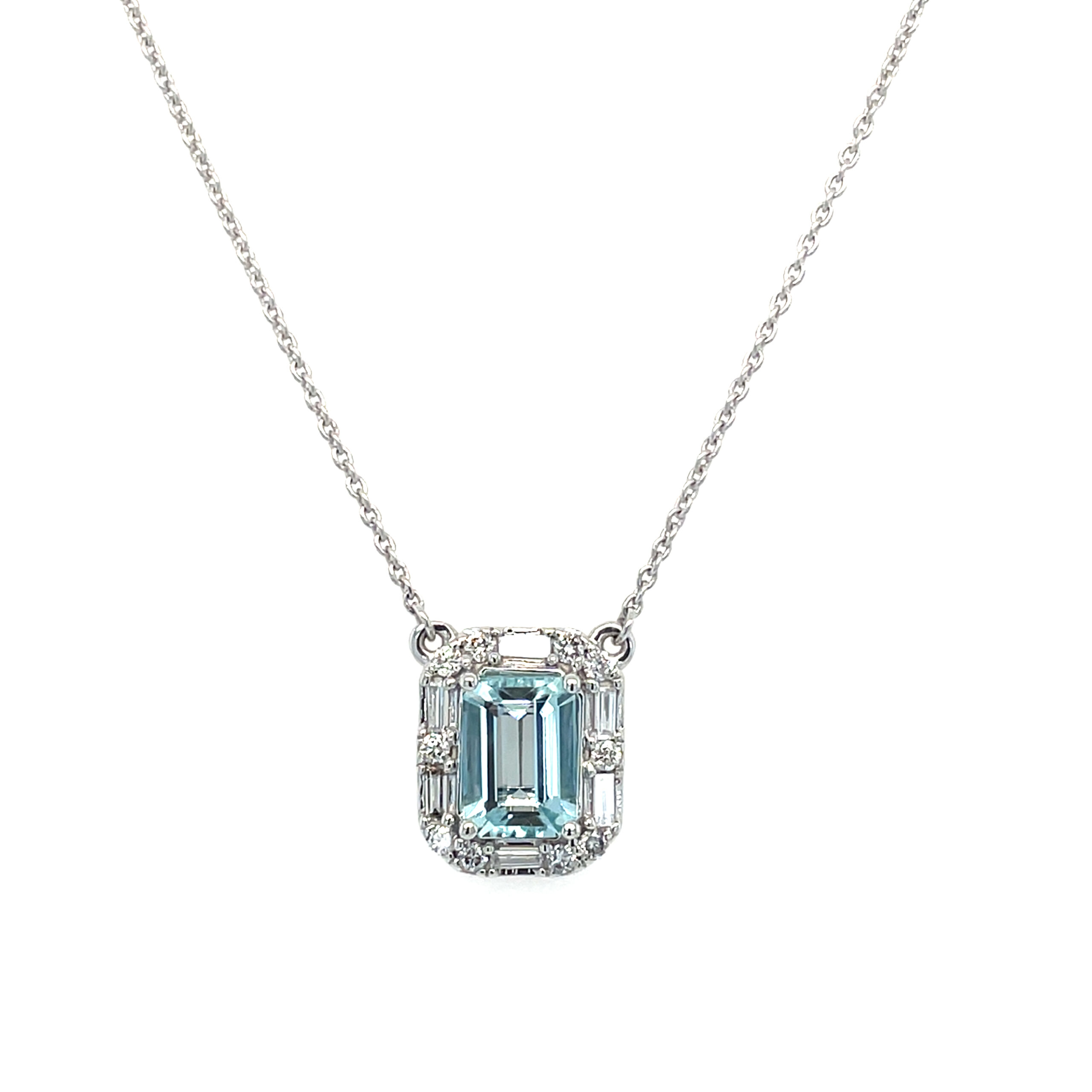 White Gold Emerald-Cut Aquamarine Necklace with Diamond Halo
