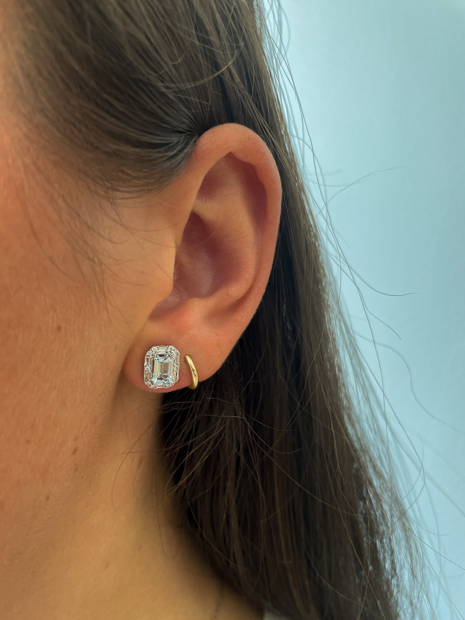 White Gold Emerald-Cut Aquamarine and Diamond Halo Stud Earrings