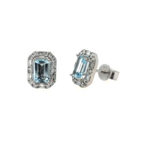 White Gold Emerald-Cut Aquamarine and Diamond Halo Stud Earrings