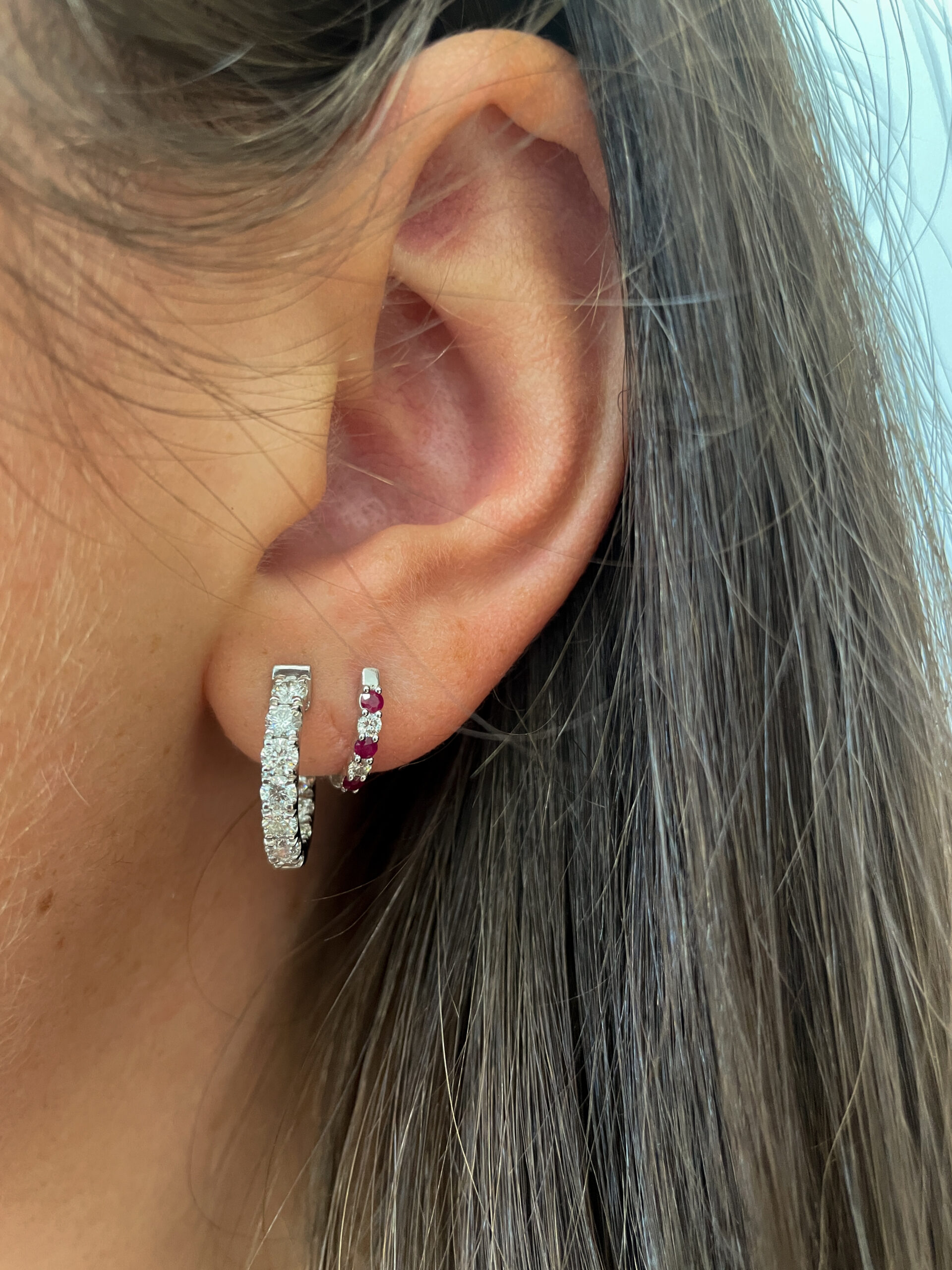 White Gold Ruby and Diamond Huggie Earrings