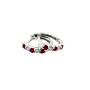 White Gold Ruby and Diamond Huggie Earrings