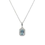 White Gold Emerald-Cut Aquamarine Necklace with Diamond Halo