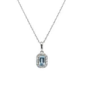 White Gold Emerald-Cut Aquamarine Necklace with Diamond Halo