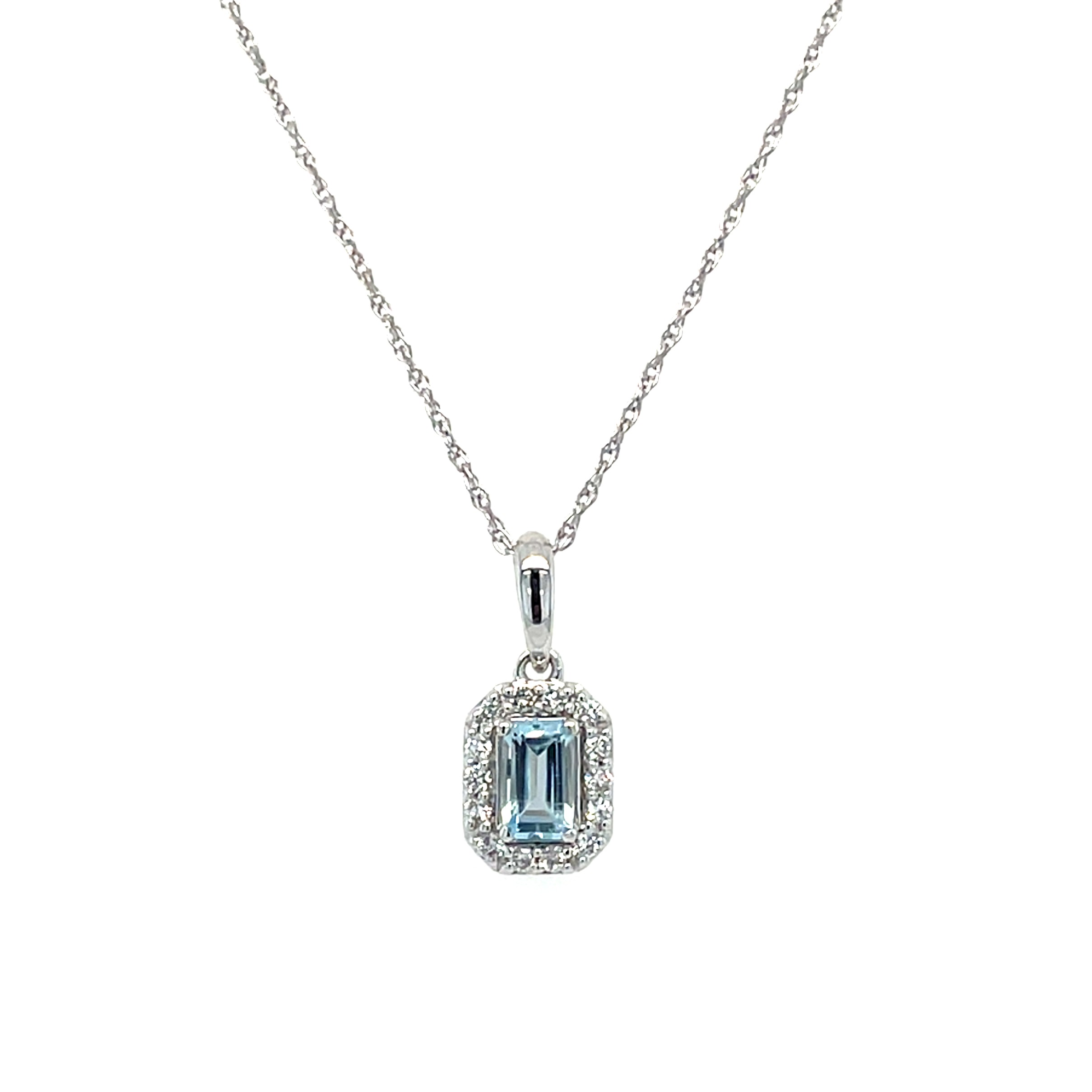White Gold Emerald-Cut Aquamarine Necklace with Diamond Halo