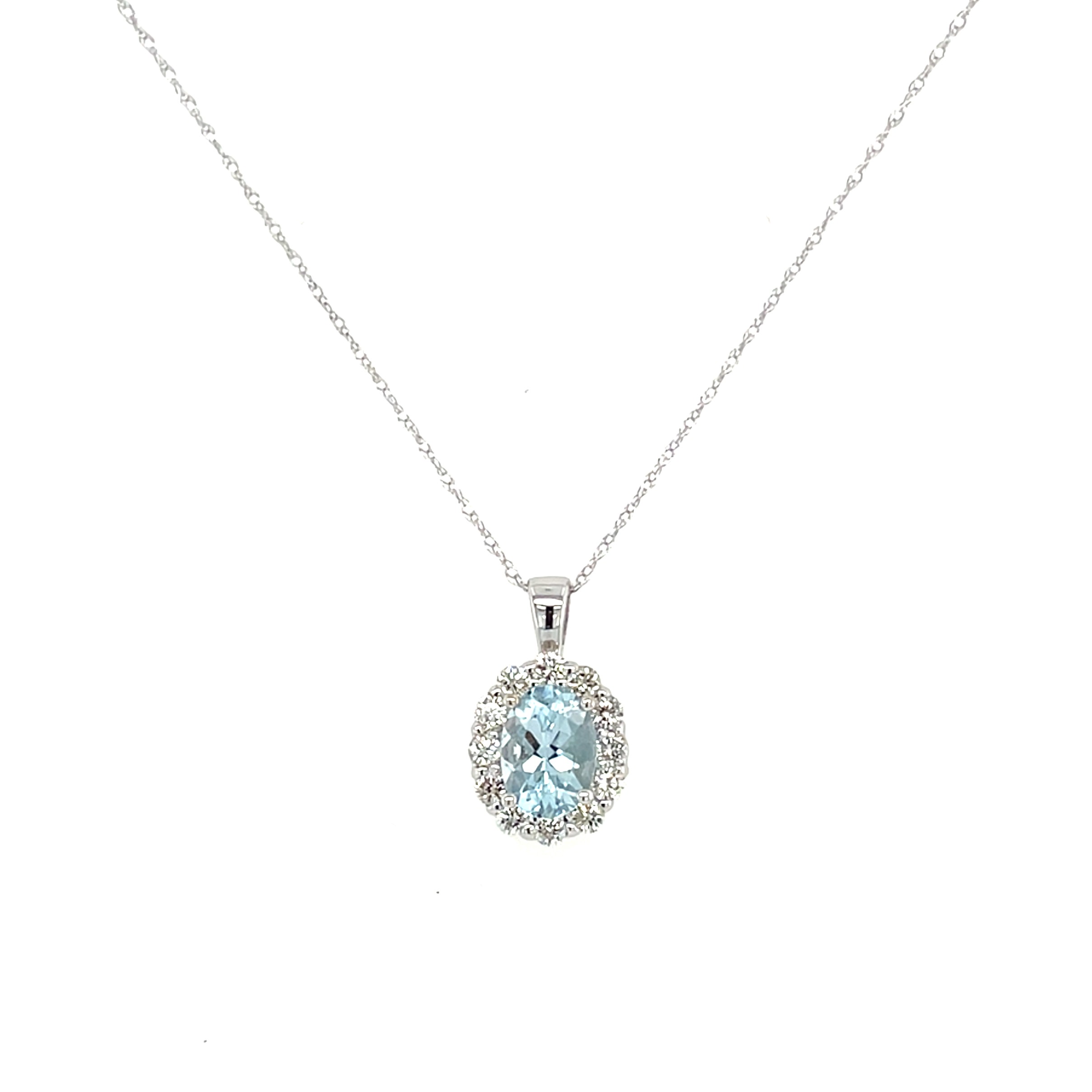 White Gold Aquamarine Necklace with Diamond Halo