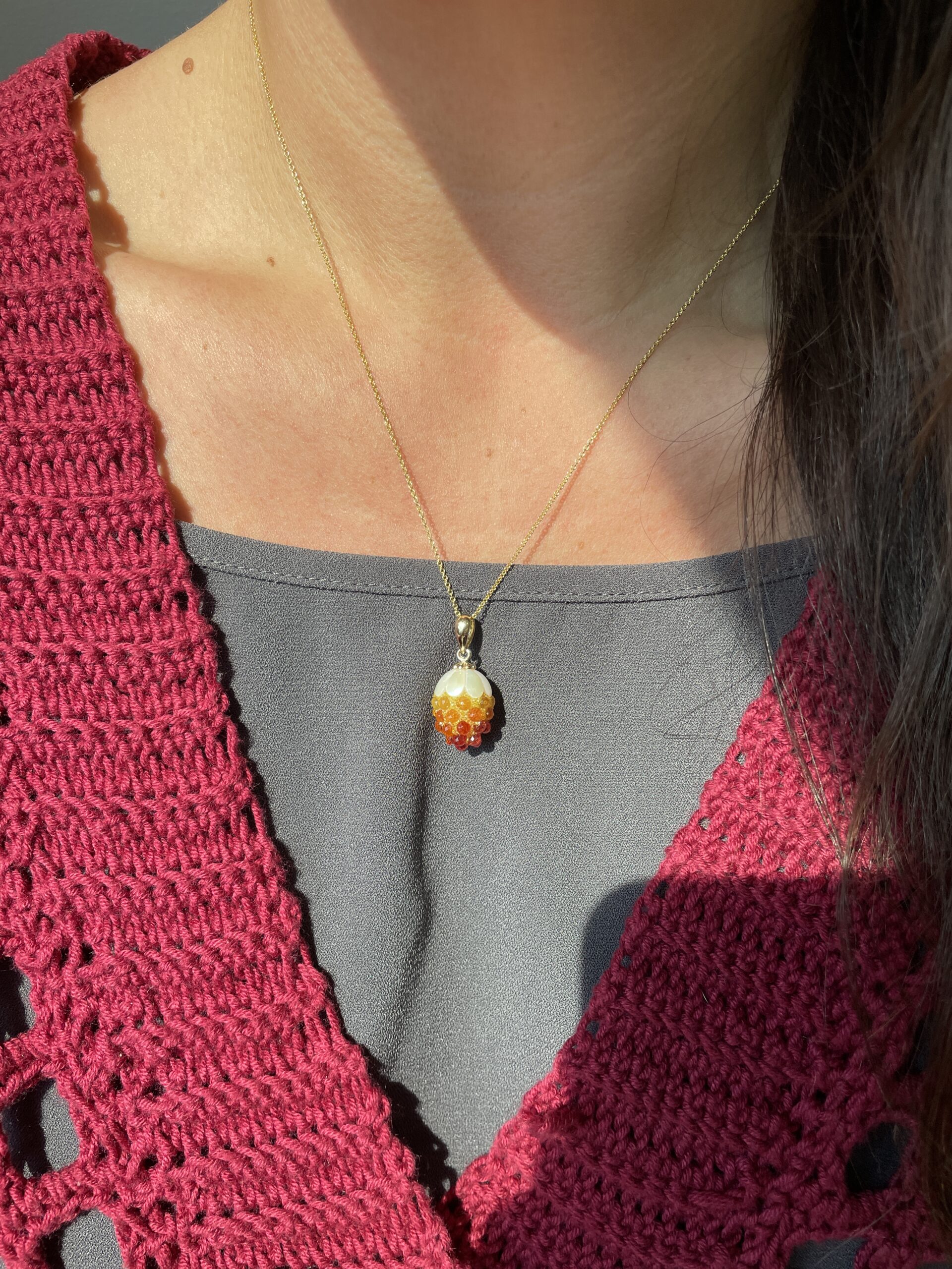 Yellow Gold Pearl, Ombré Tourmaline, & Druzy Necklace
