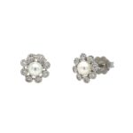 White Gold Pearl and Diamond Flower Stud Earrings