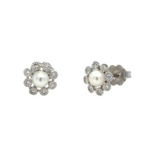 White Gold Pearl and Diamond Flower Stud Earrings