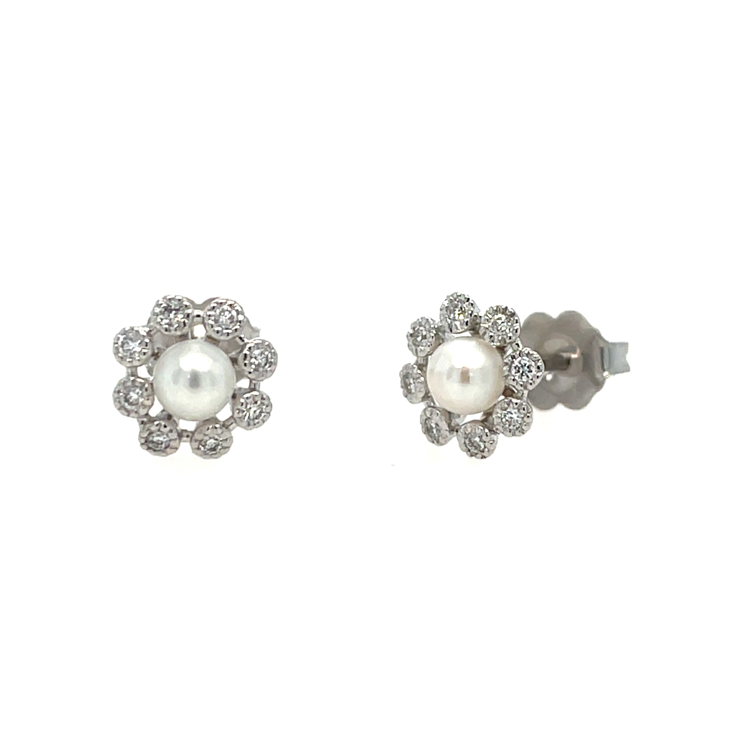 White Gold Pearl and Diamond Flower Stud Earrings