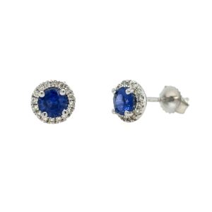 White Gold Sapphire Stud Earrings with Diamond Halos