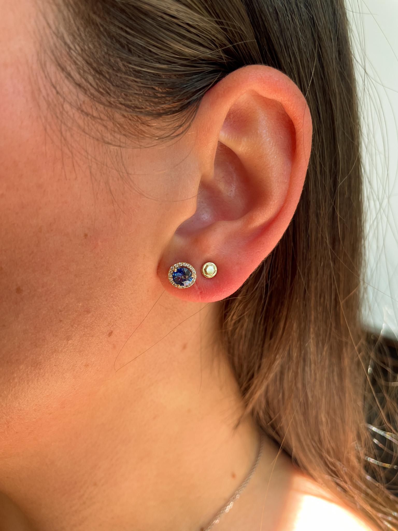 Yellow Gold Sapphire Stud Earrings with Diamond Halos