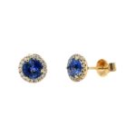 Yellow Gold Sapphire Stud Earrings with Diamond Halos