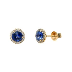 Yellow Gold Sapphire Stud Earrings with Diamond Halos