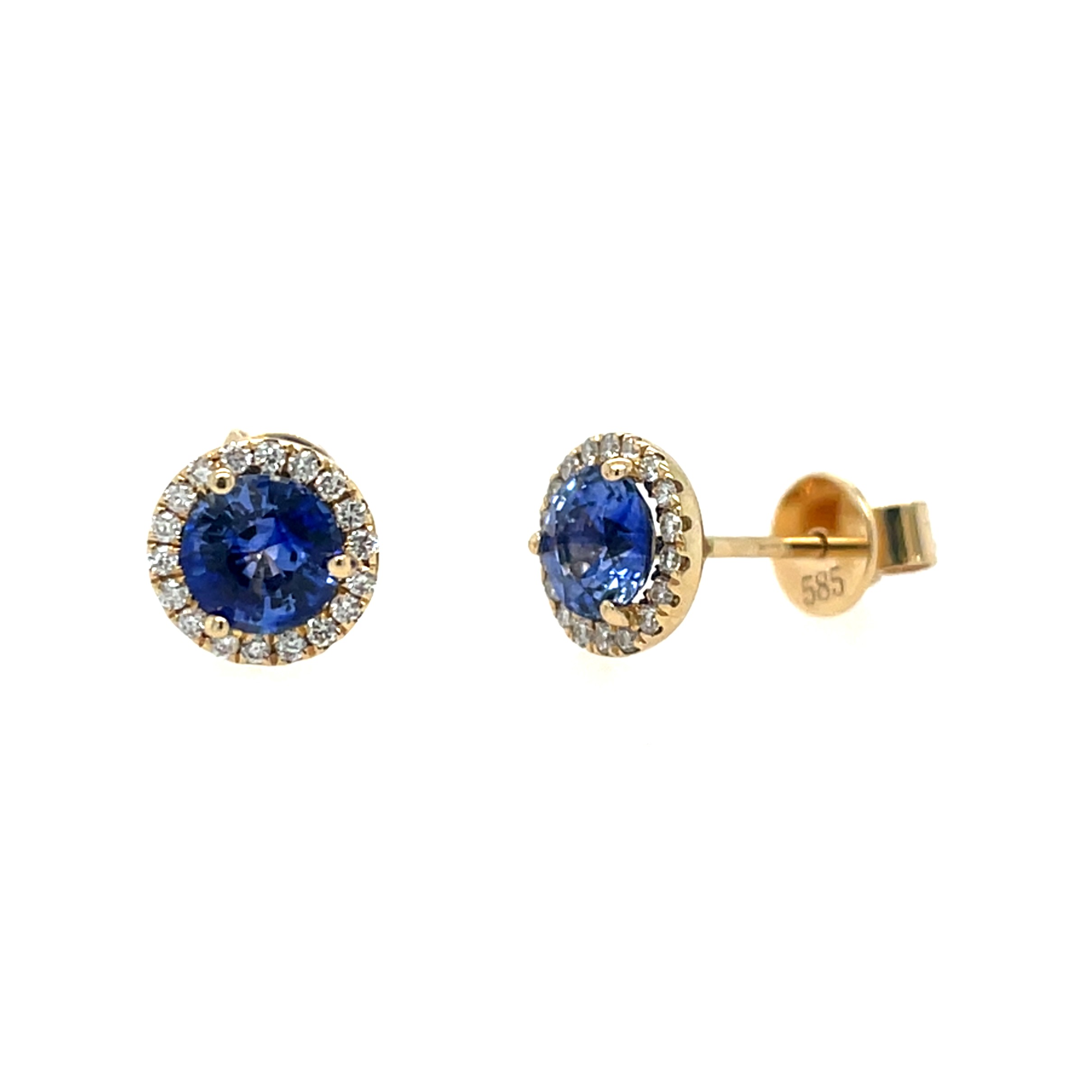 Yellow Gold Sapphire Stud Earrings with Diamond Halos