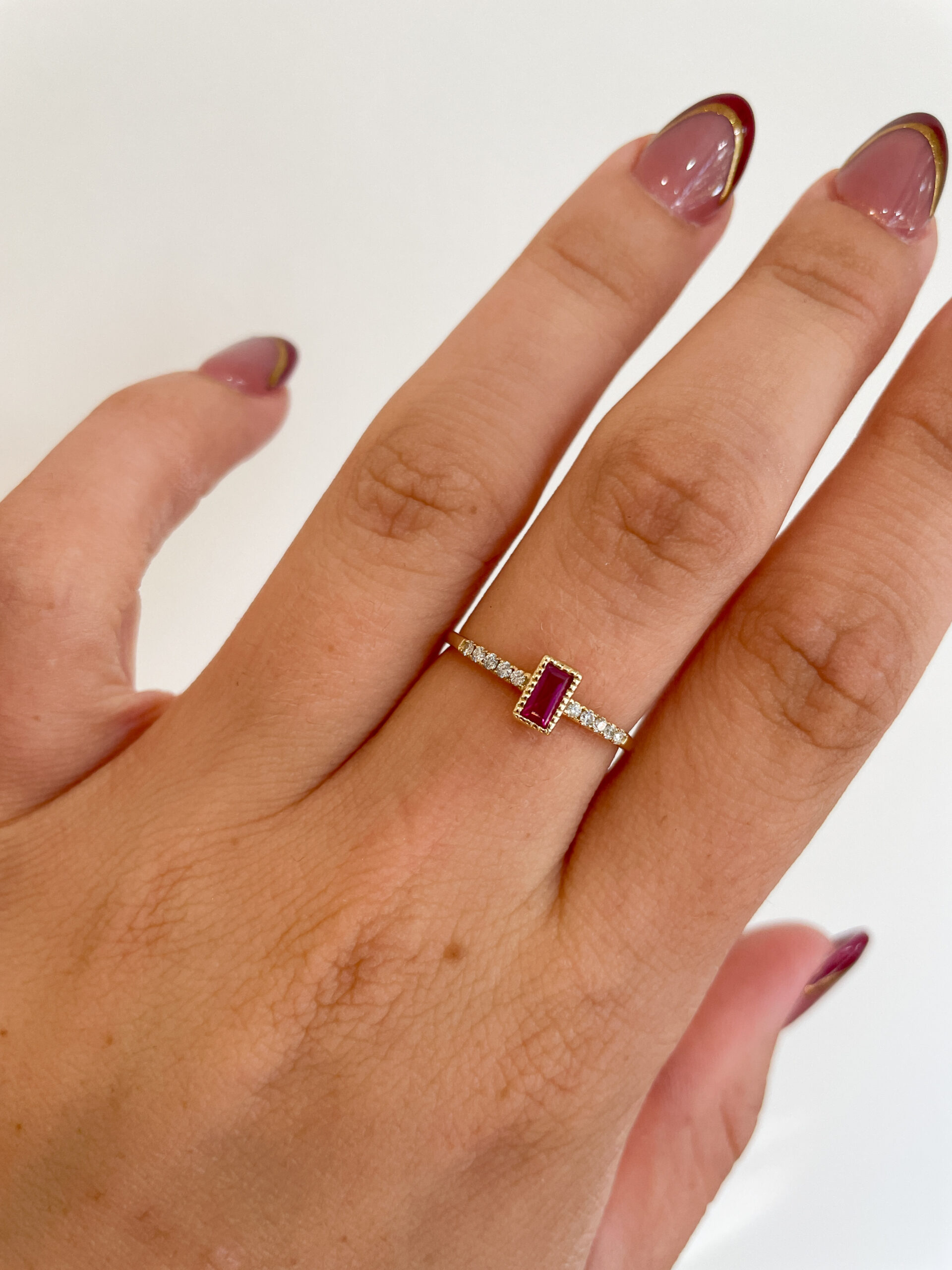 Yellow Gold Baguette Ruby Ring with Diamonds