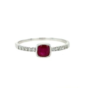 White Gold Cushion-Cut Ruby Ring with Diamonds