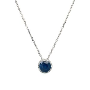 White Gold Sapphire Necklace with Diamond Halo