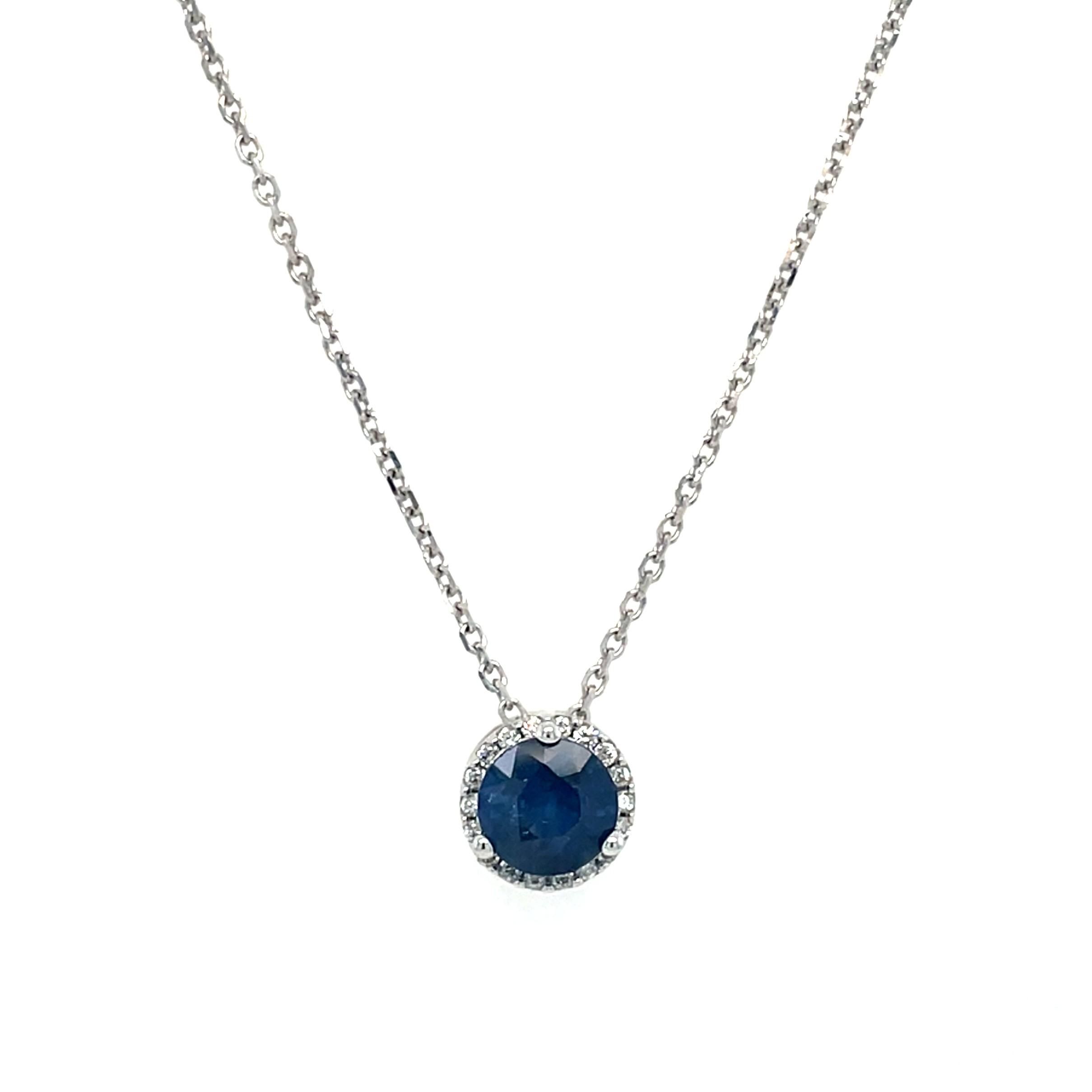 White Gold Sapphire Necklace with Diamond Halo