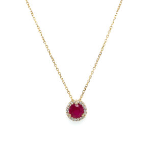 Yellow Gold Ruby Necklace with Diamond Halo