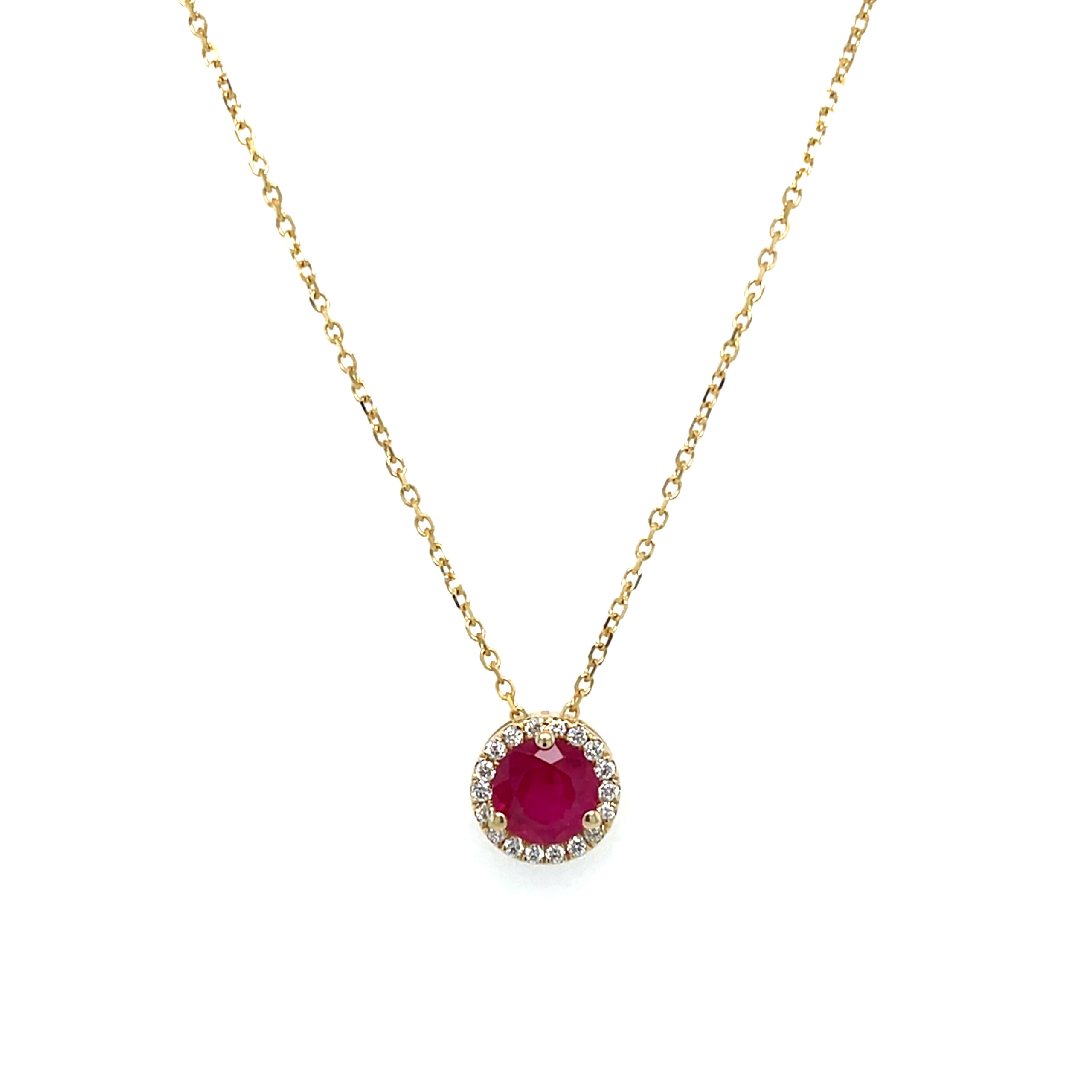 Yellow Gold Ruby Necklace with Diamond Halo