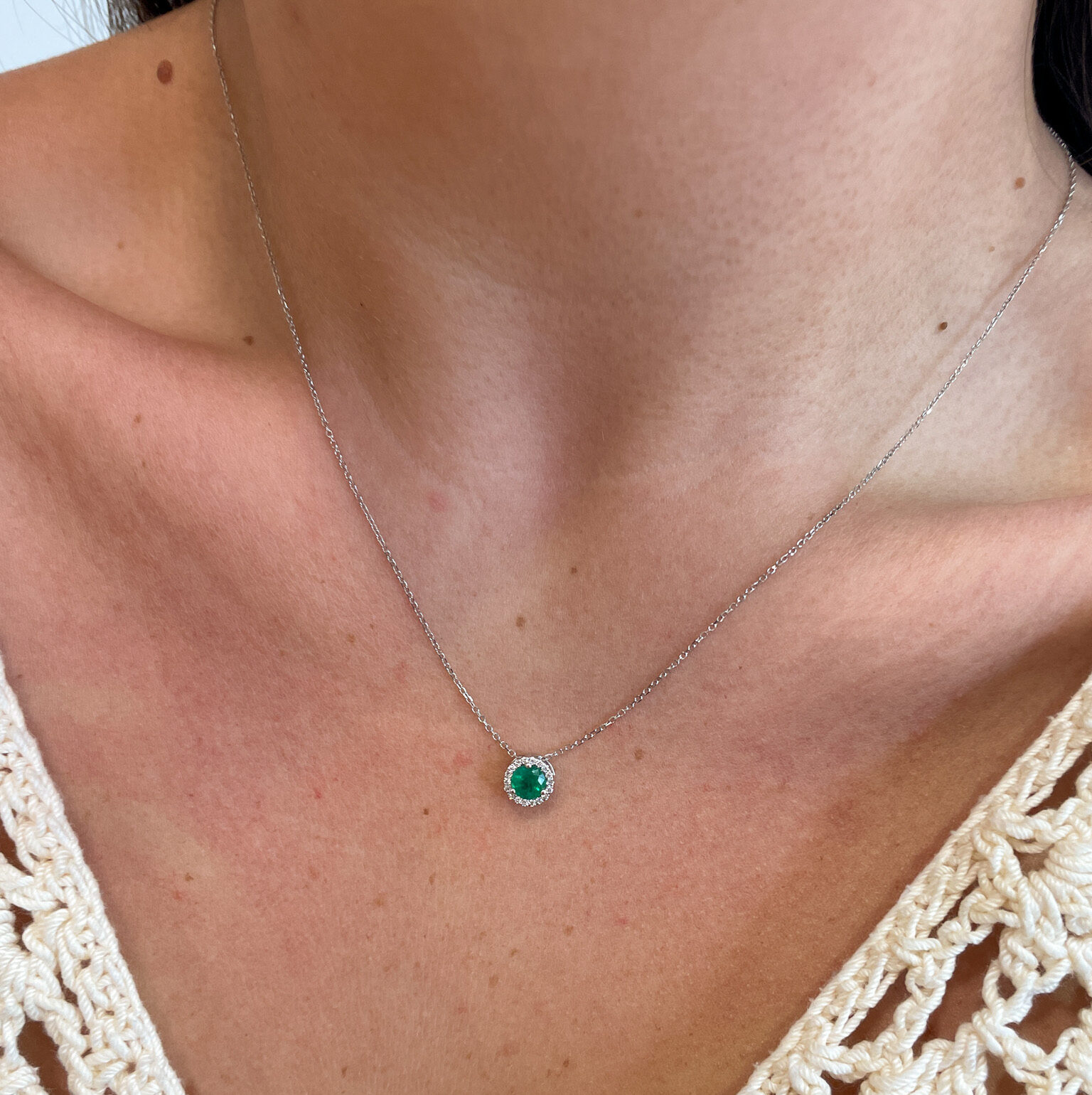 White Gold Emerald Necklace with Diamond Halo