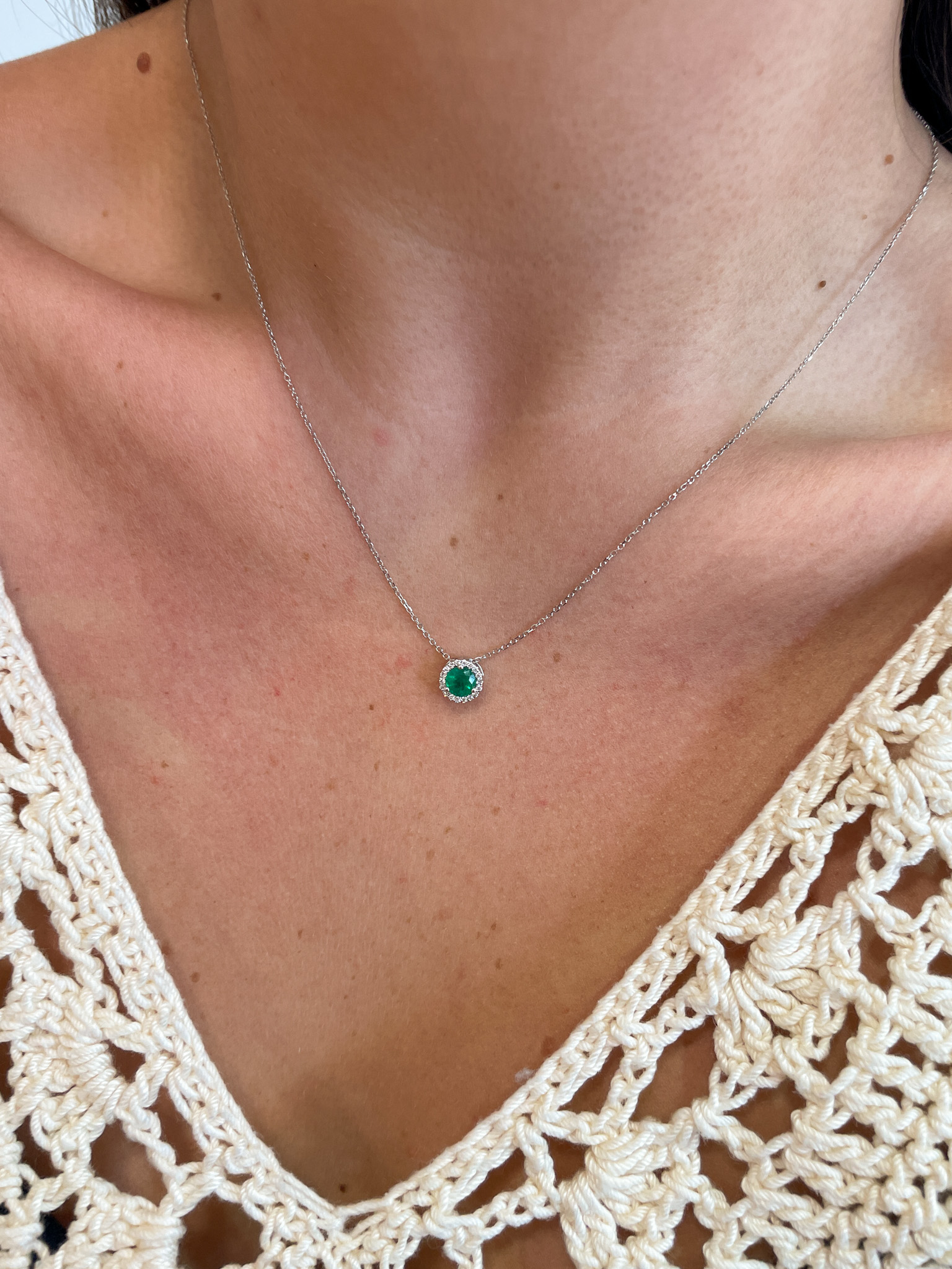White Gold Emerald Necklace with Diamond Halo