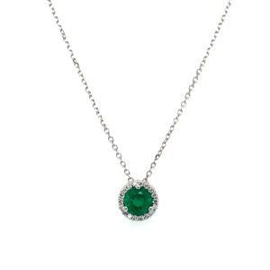 White Gold Emerald Necklace with Diamond Halo