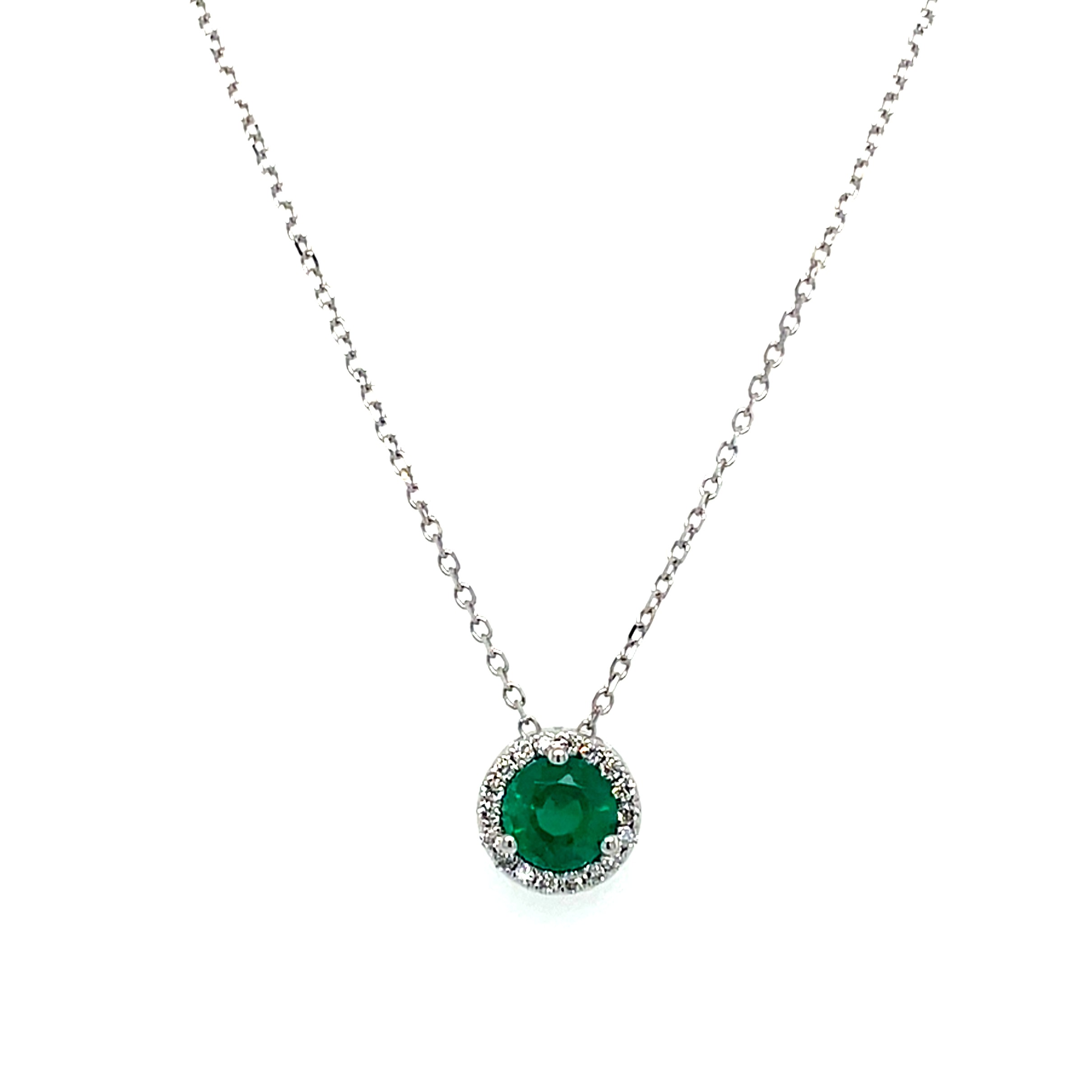 White Gold Emerald Necklace with Diamond Halo