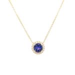 Yellow Gold Diamond Halo Tanzanite Necklace