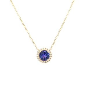 Yellow Gold Diamond Halo Tanzanite Necklace