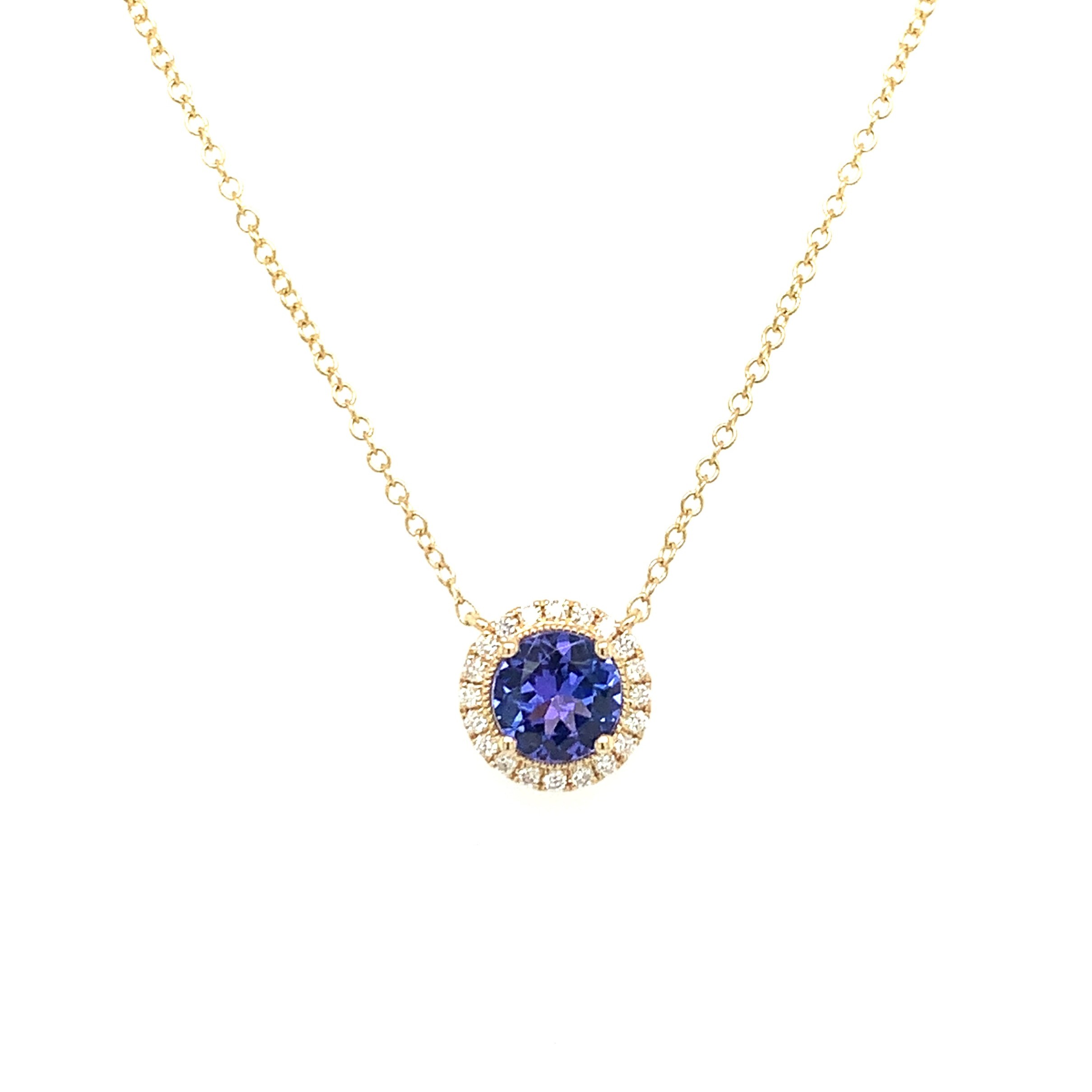 Yellow Gold Diamond Halo Tanzanite Necklace