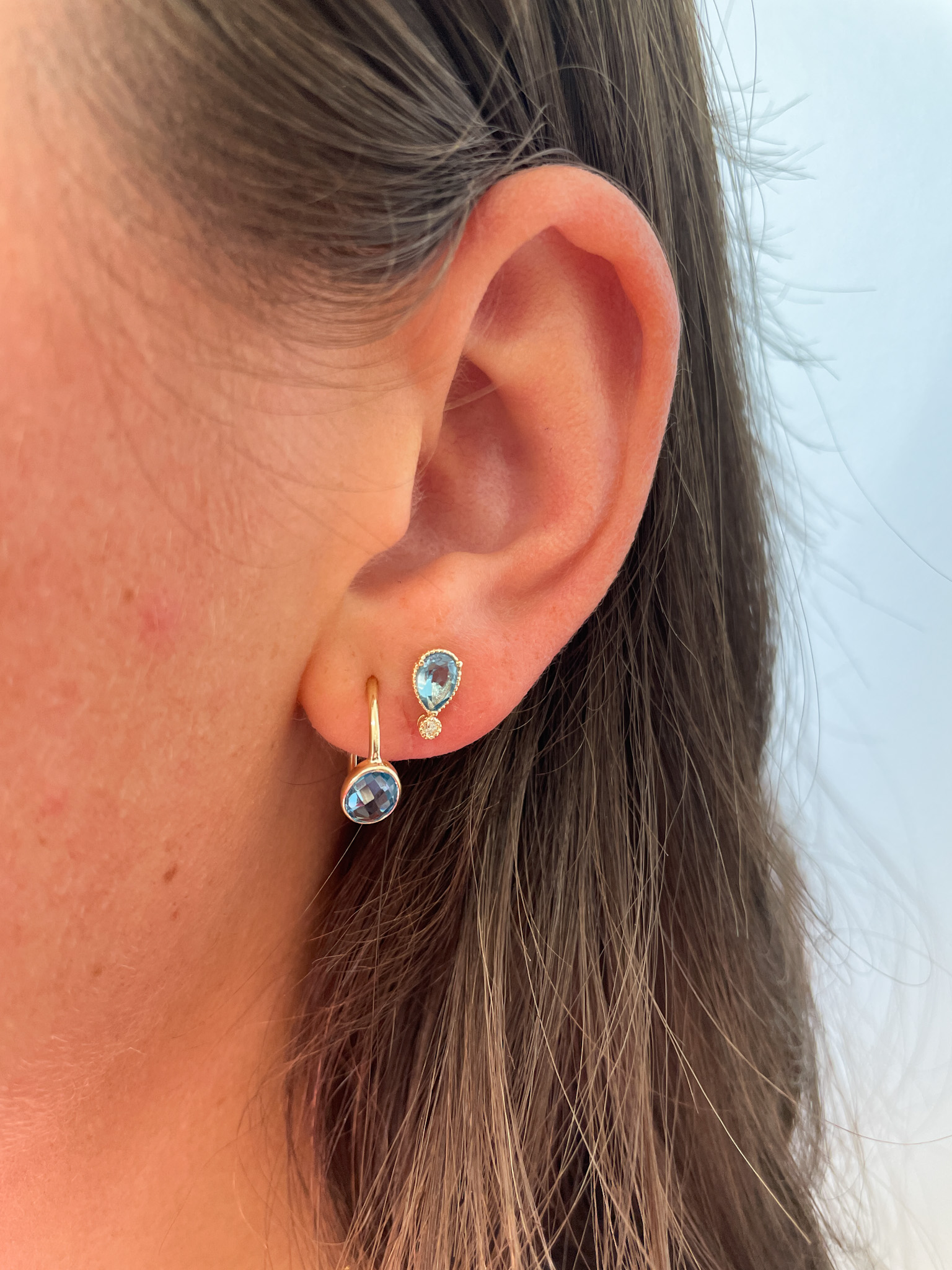 Yellow Gold Blue Topaz Huggies