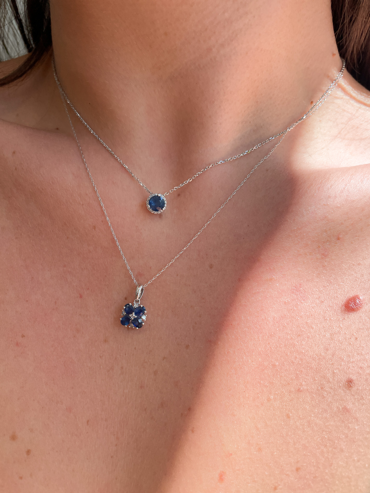 White Gold Sapphire Necklace with Diamond Halo