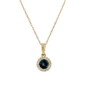 Yellow Gold London Blue Topaz Necklace with Diamond Halo