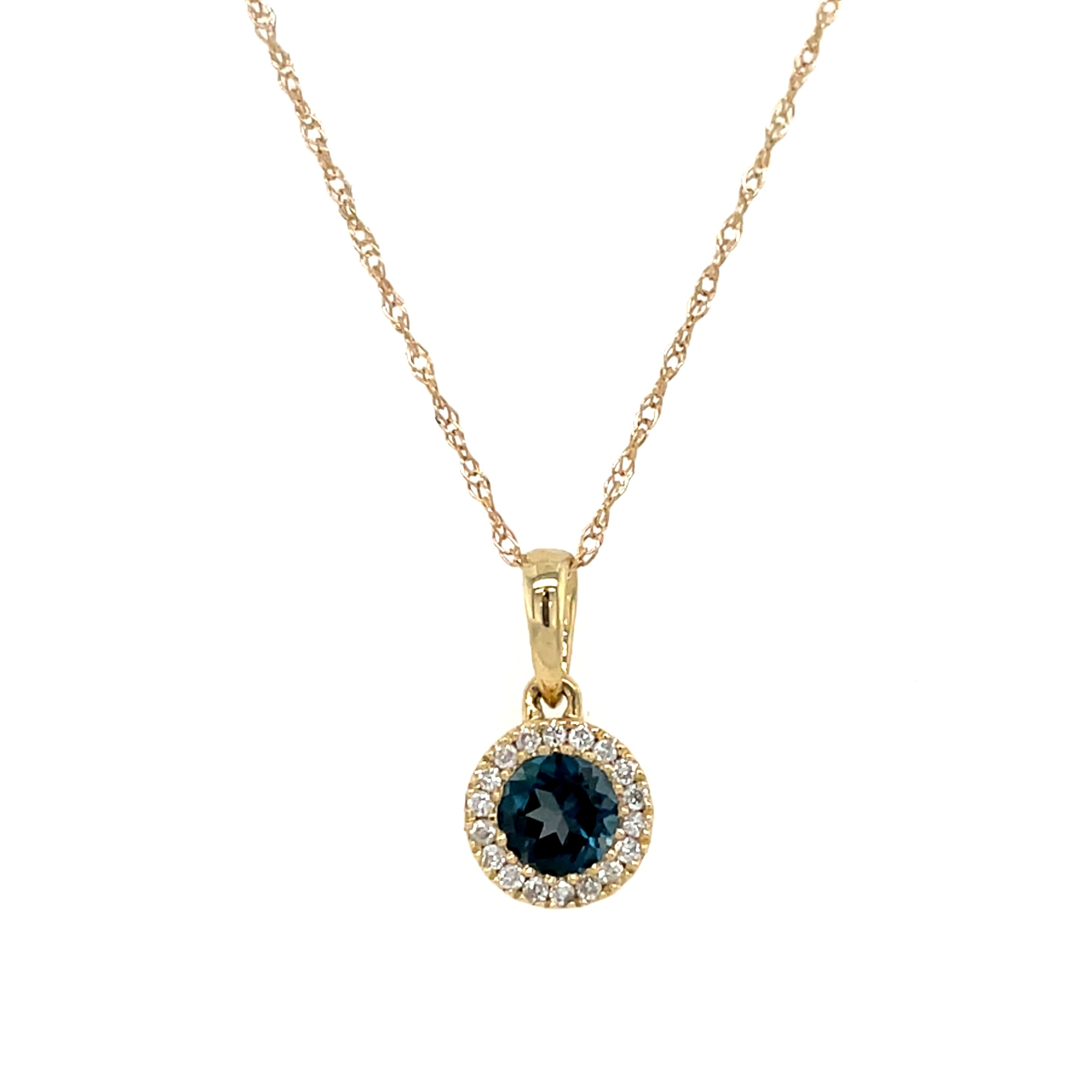 Yellow Gold London Blue Topaz Necklace with Diamond Halo