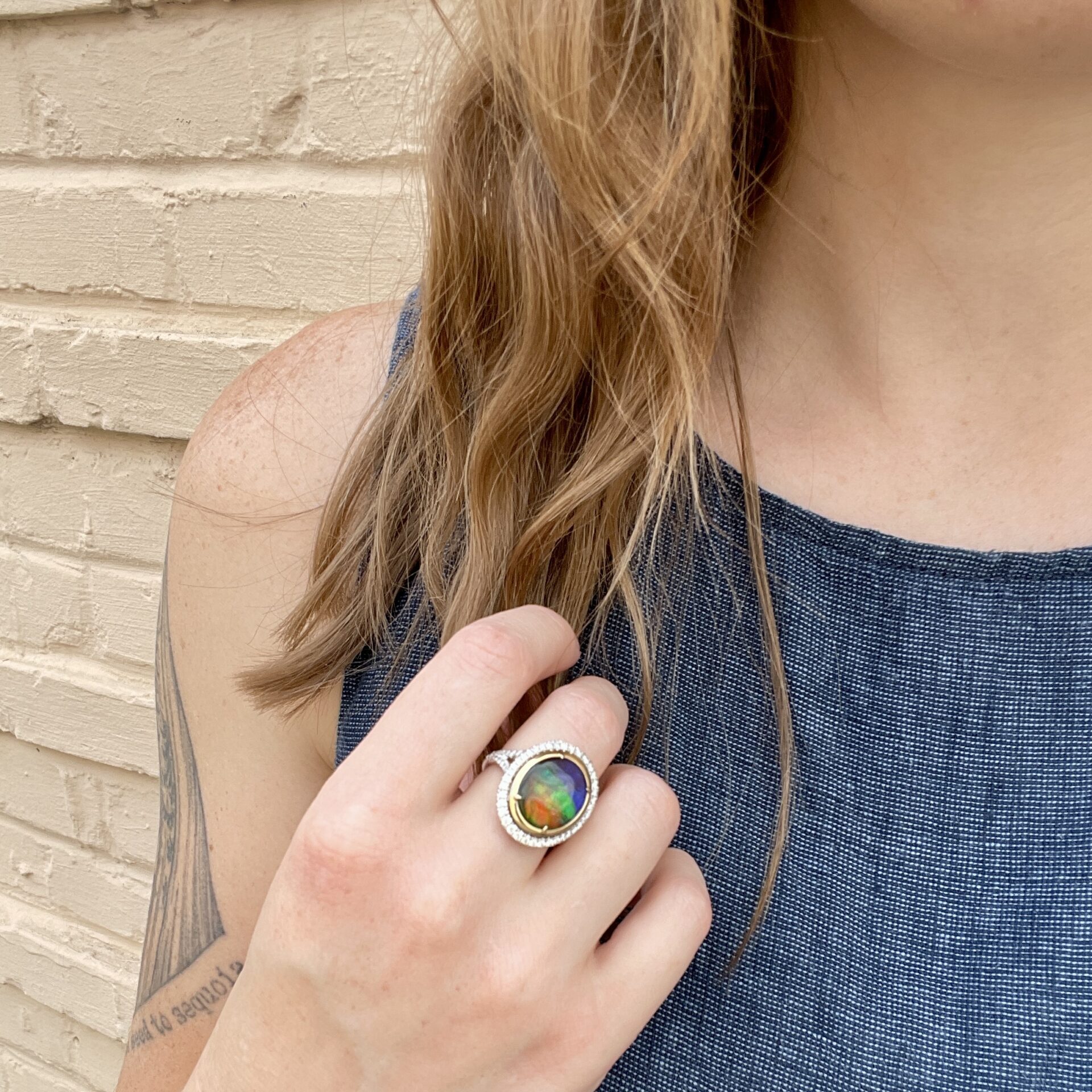 White & Yellow Gold Ammolite and Diamond Ring