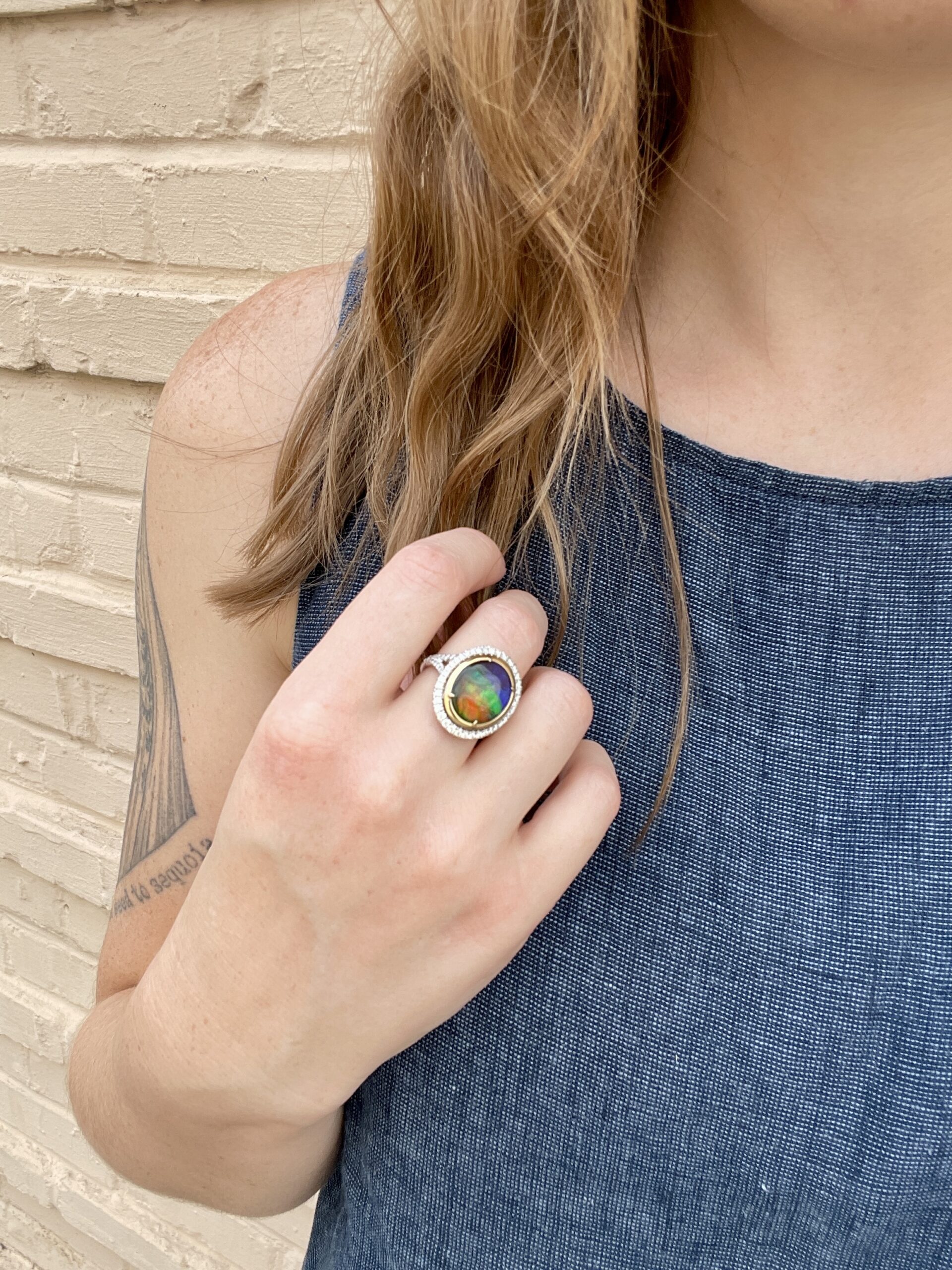 White & Yellow Gold Ammolite and Diamond Ring