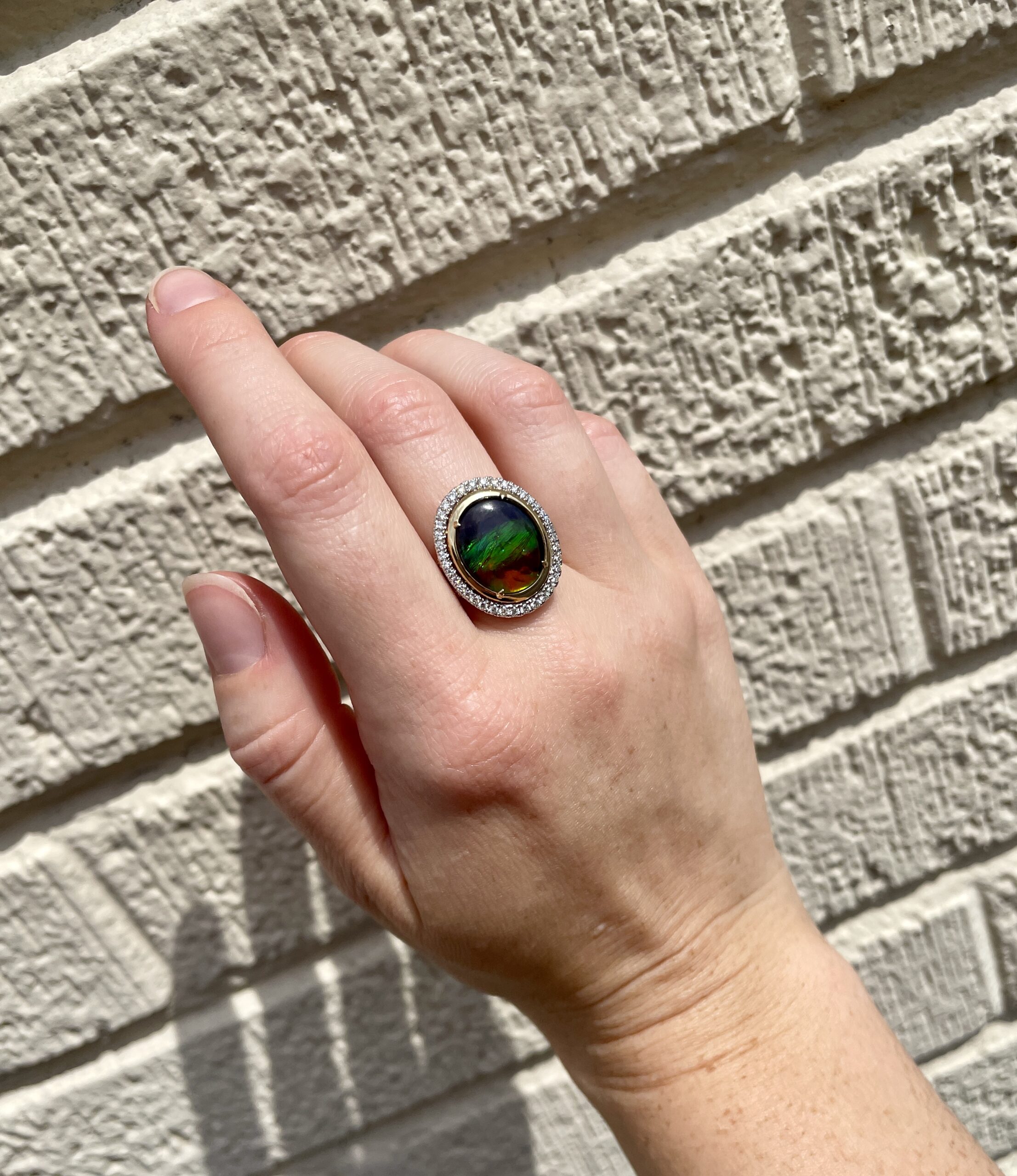White & Yellow Gold Ammolite and Diamond Ring