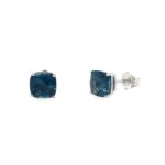 White Gold London Blue Topaz Cushion Stud Earrings