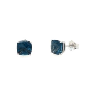 White Gold London Blue Topaz Cushion Stud Earrings