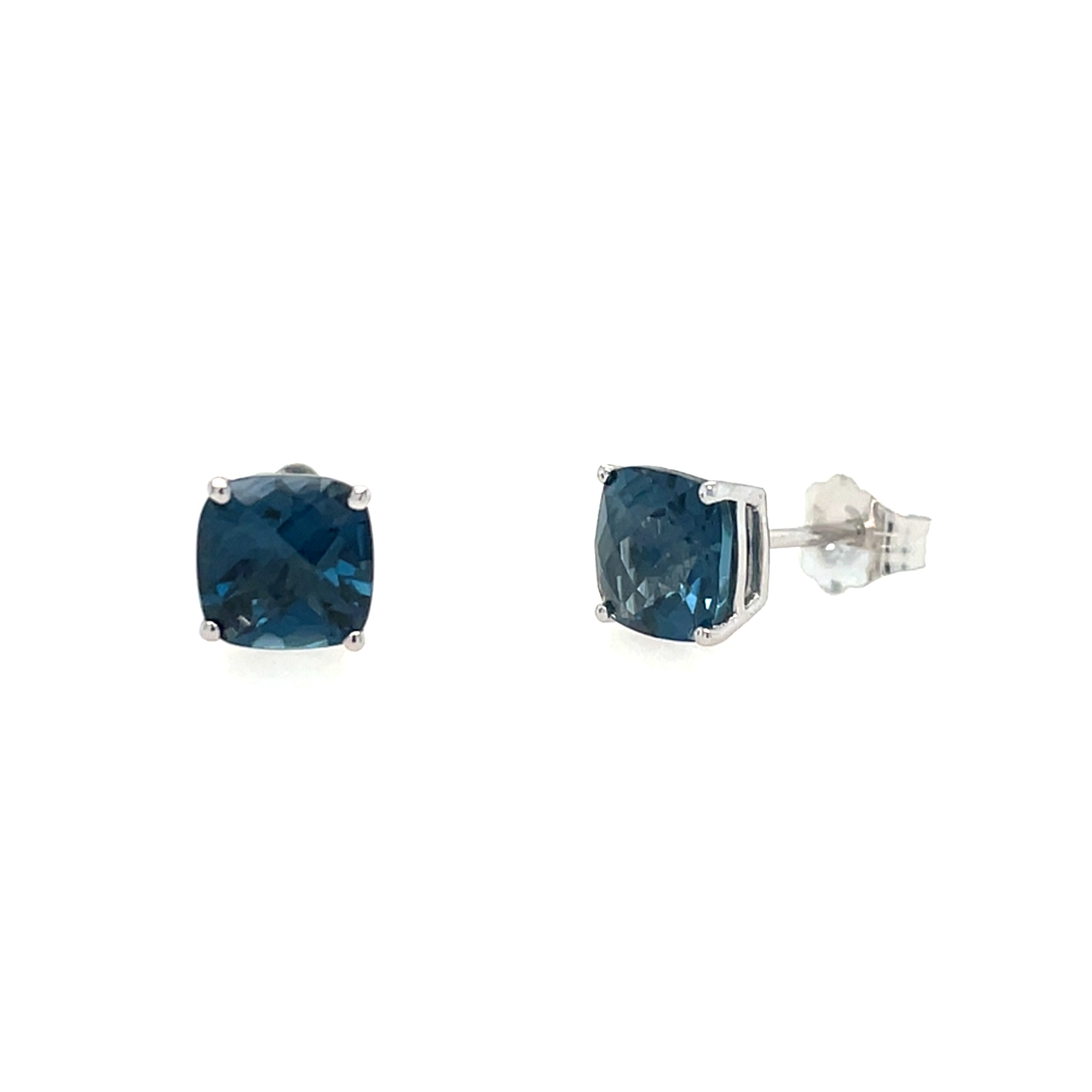 White Gold London Blue Topaz Cushion Stud Earrings