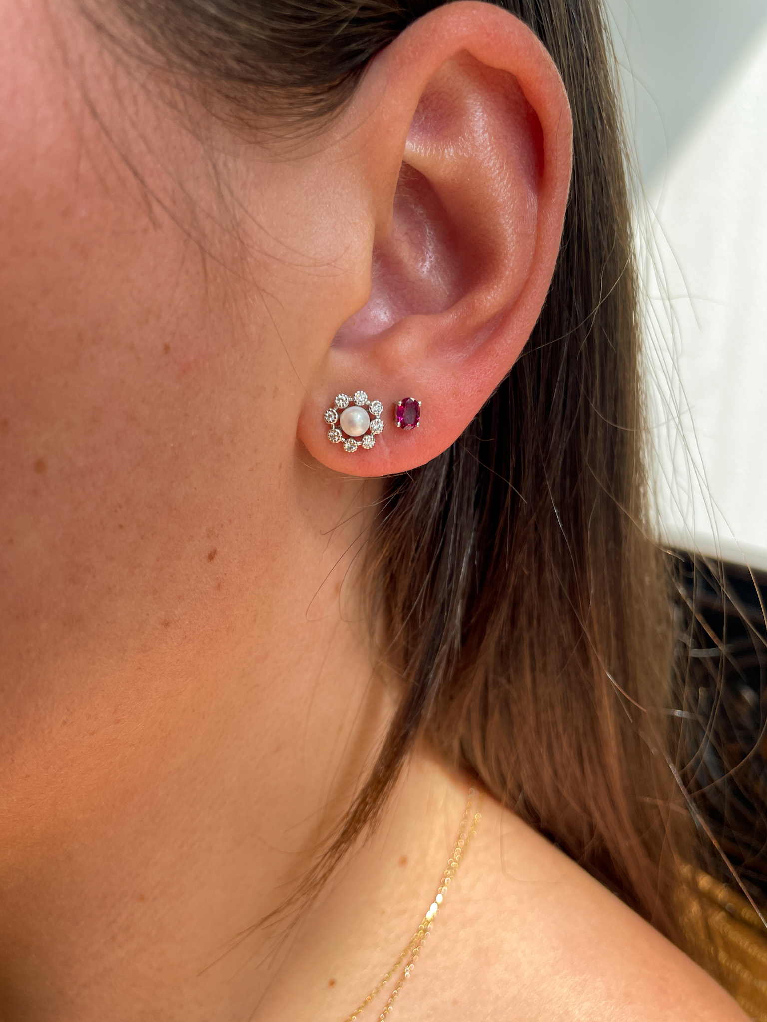 White Gold Pearl and Diamond Flower Stud Earrings