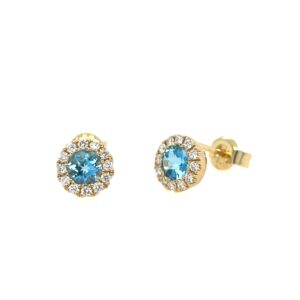 Yellow Gold Blue Topaz Stud Earrings with Diamond Halos